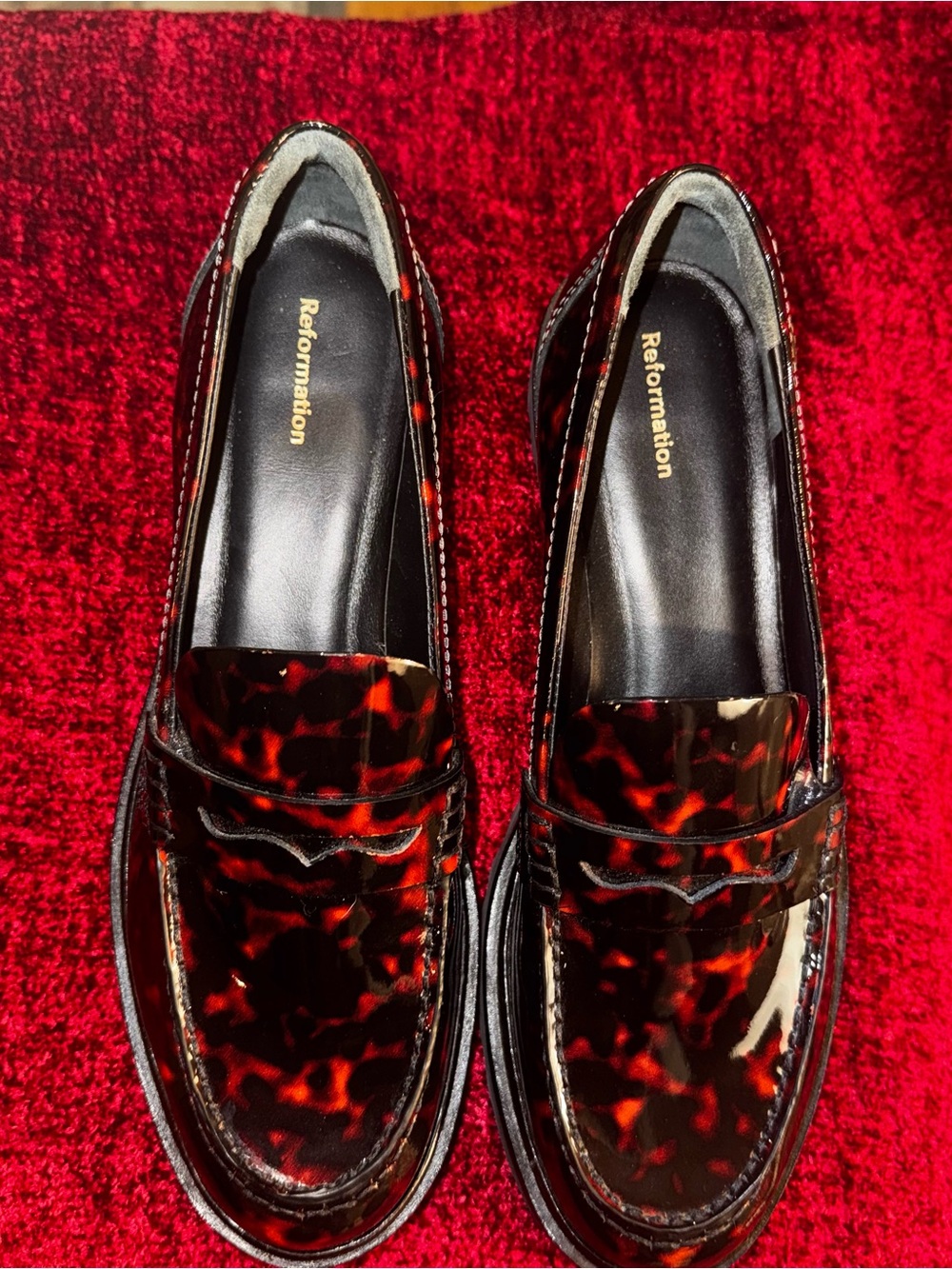 Reformation Agathea Chunky Loafers in Patent Tortoise, NWOT Sz 9.5